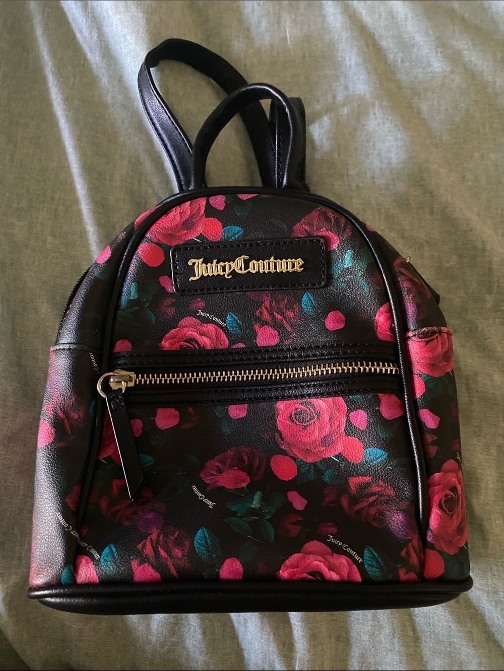 Juicy Couture Black Floral Mini Backpack with Pink Rose Print